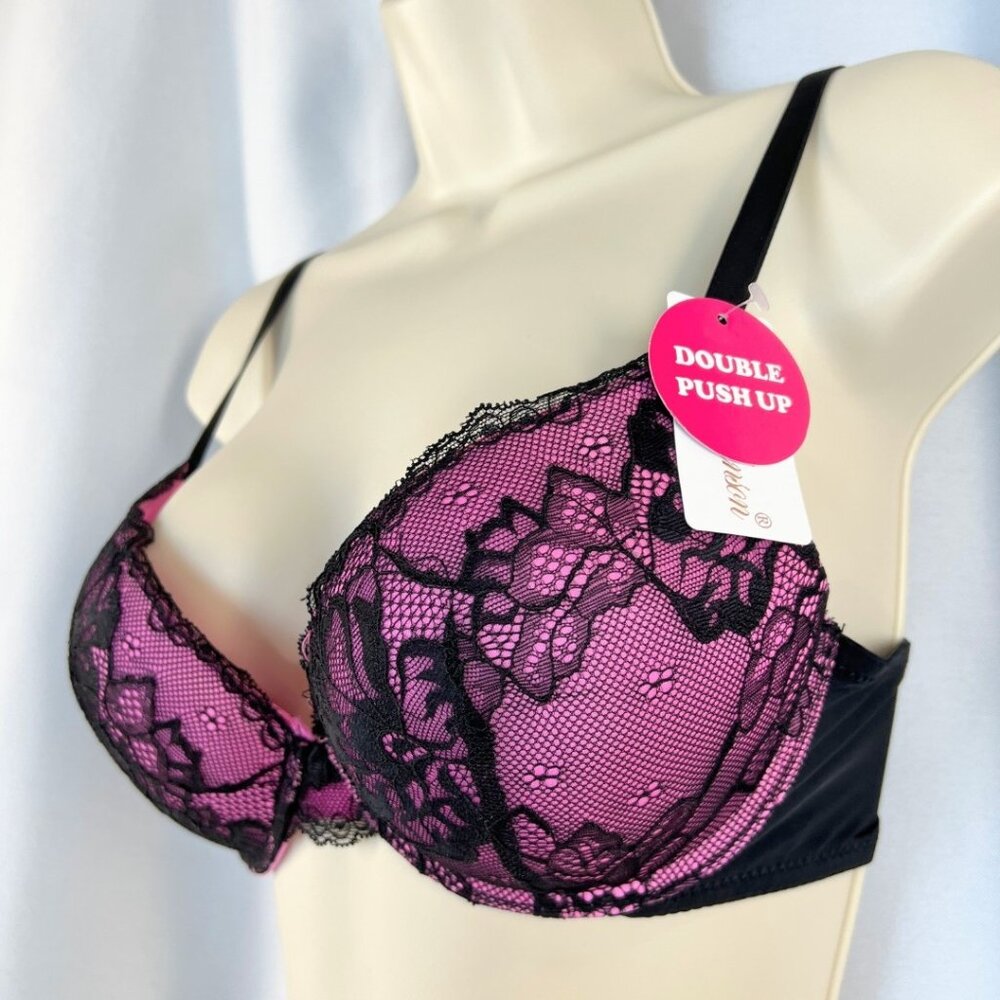 VS Bombshell Inspired Adds 2 Cups Ultimate Pushup Bra 32B Black Pink Lace - Picture 4 of 6